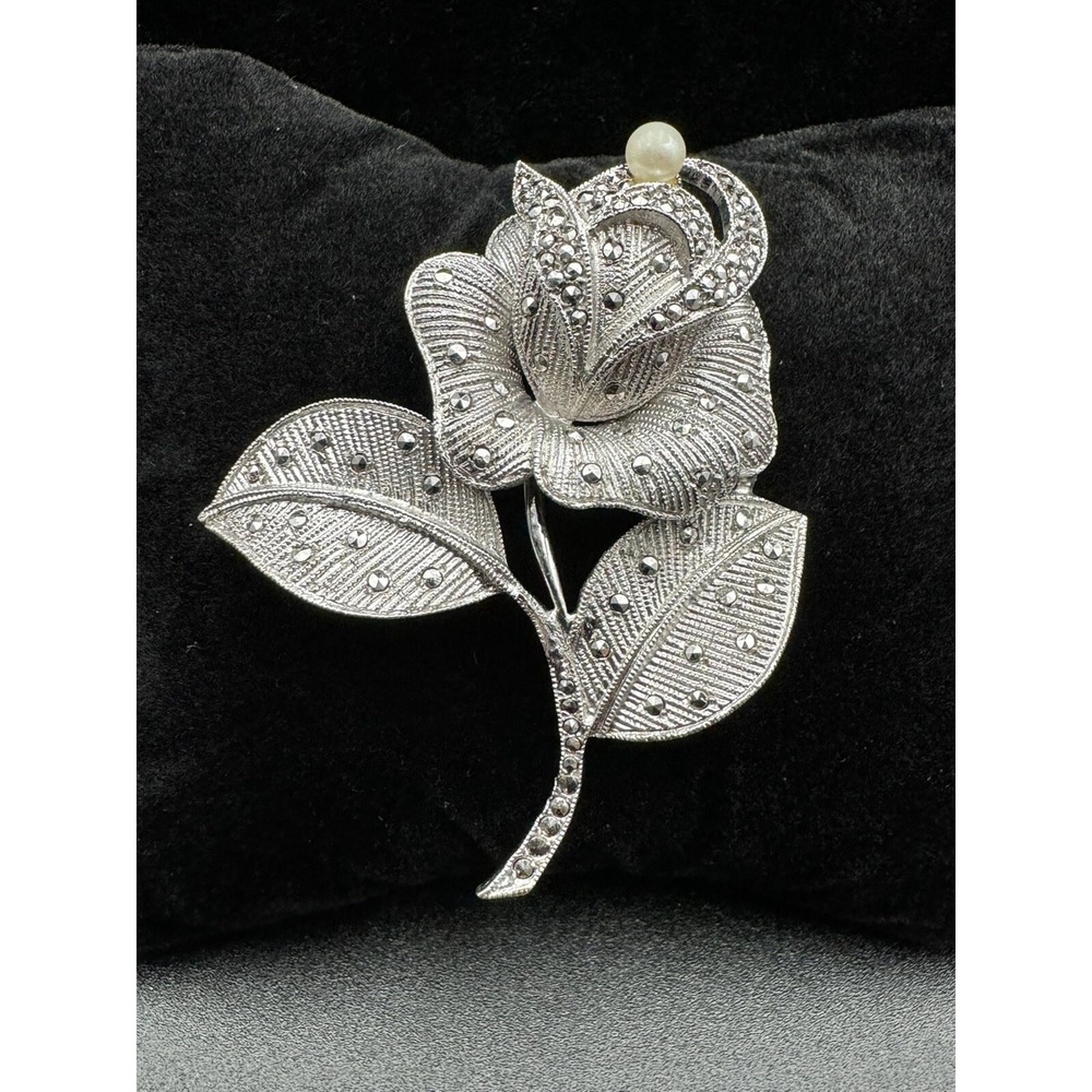 Vintage Art Deco Sterling Silver 925 Marcasite Faux Pearl Rose Flower Brooch